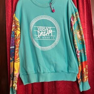 Authentic Versace Turquoise Sweatshirt with Colorful Graphic Sleeves